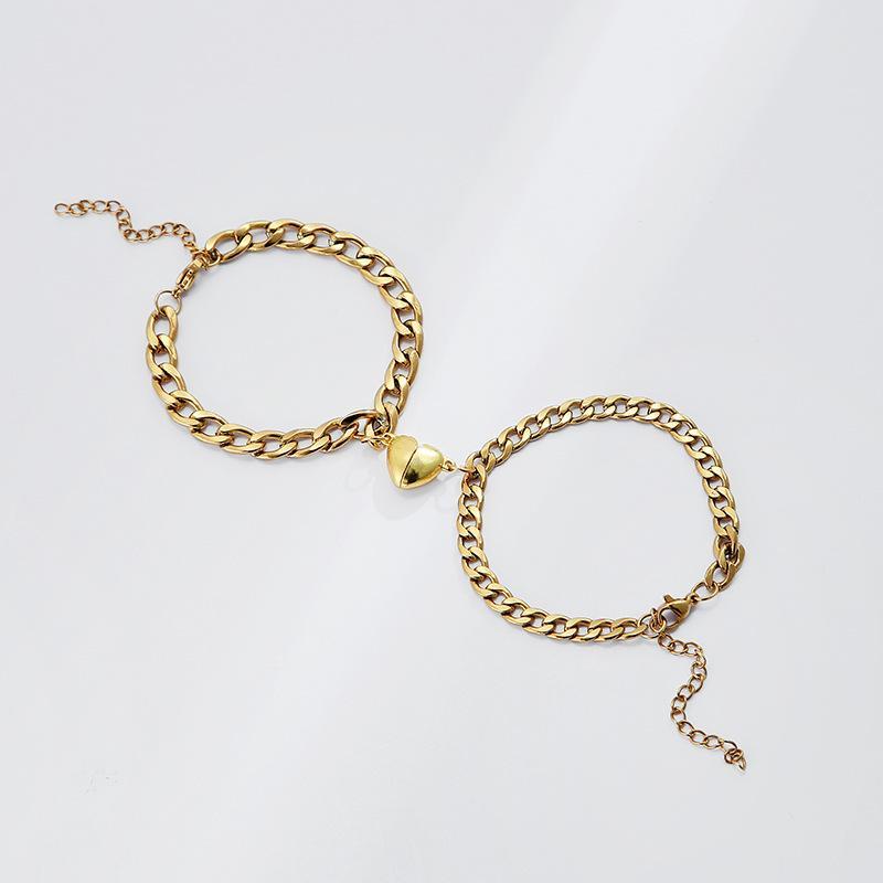 Silver & Gold-Plated Magnet Heart Design Couple's Bracelet- 2 Pcs