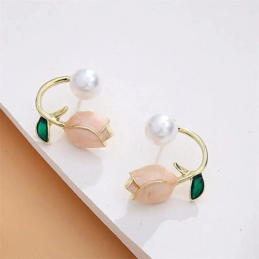Tulip Peach Flower Design Gold Plated Studs