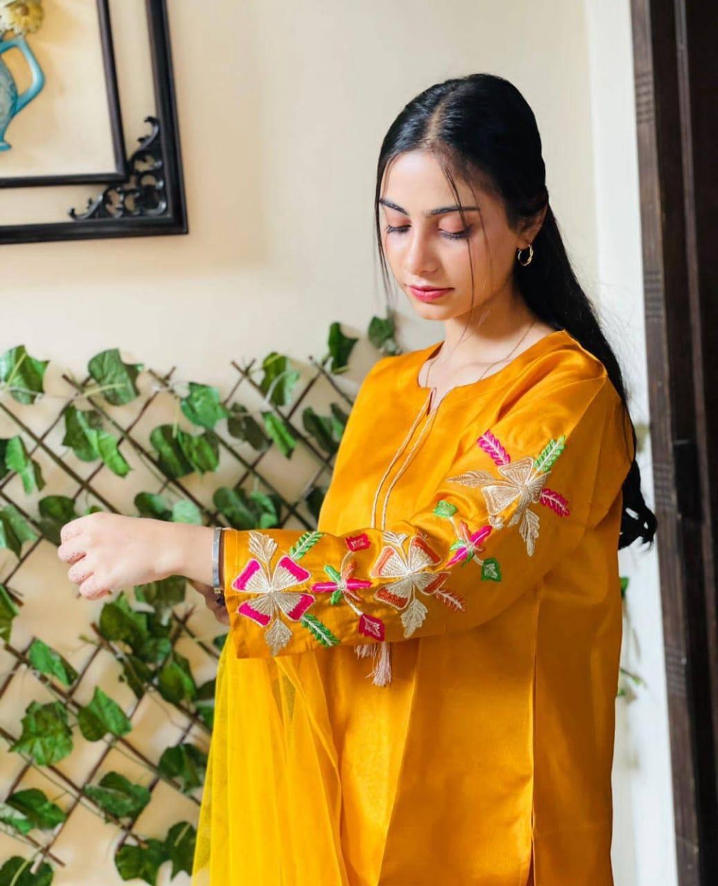 Exquisite Women's Stitched Embroidered Suit - 3 Pcs Set in Mustard Katan Silk