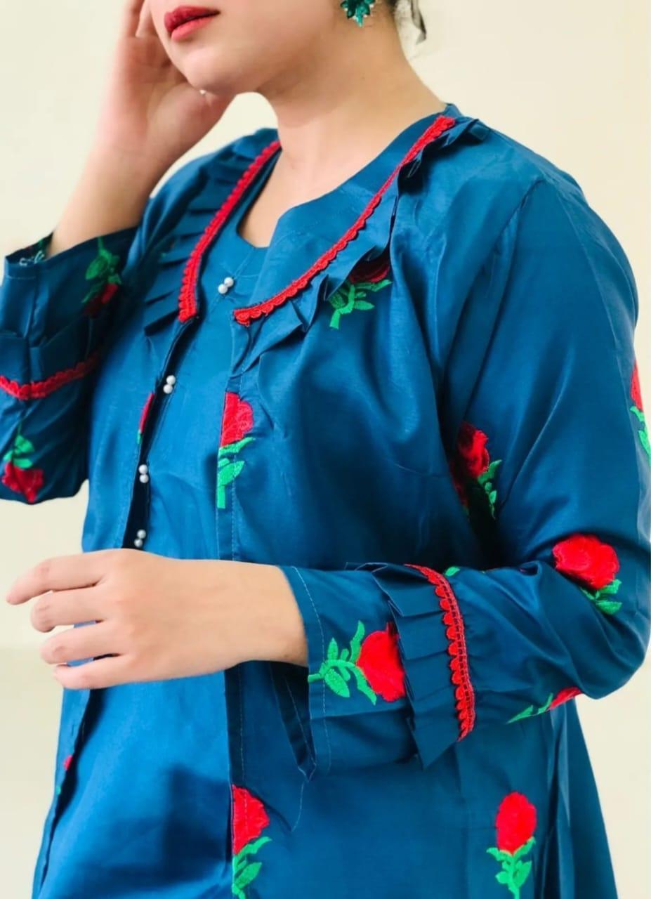 Stunning Embroidered Katan Silk Gown Suit - 3 Pcs Set for Women