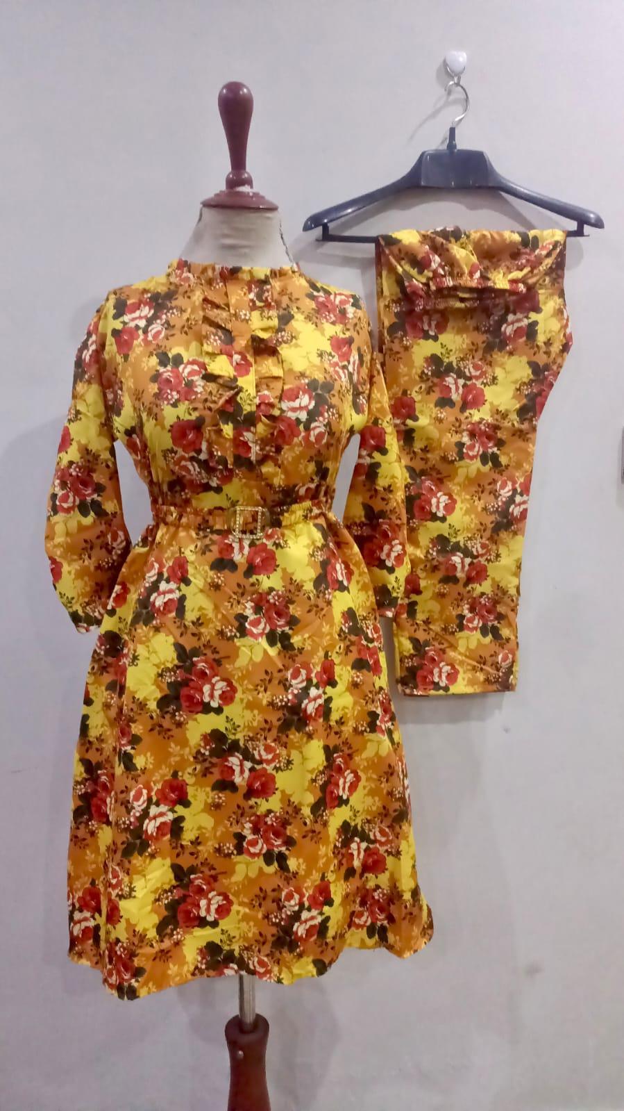 2 Pcs Women's Stitched Printed Frock And Trouser