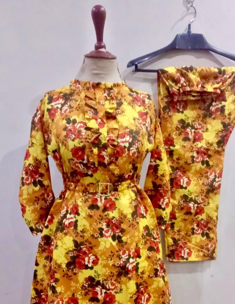 2 Pcs Women's Stitched Printed Frock And Trouser