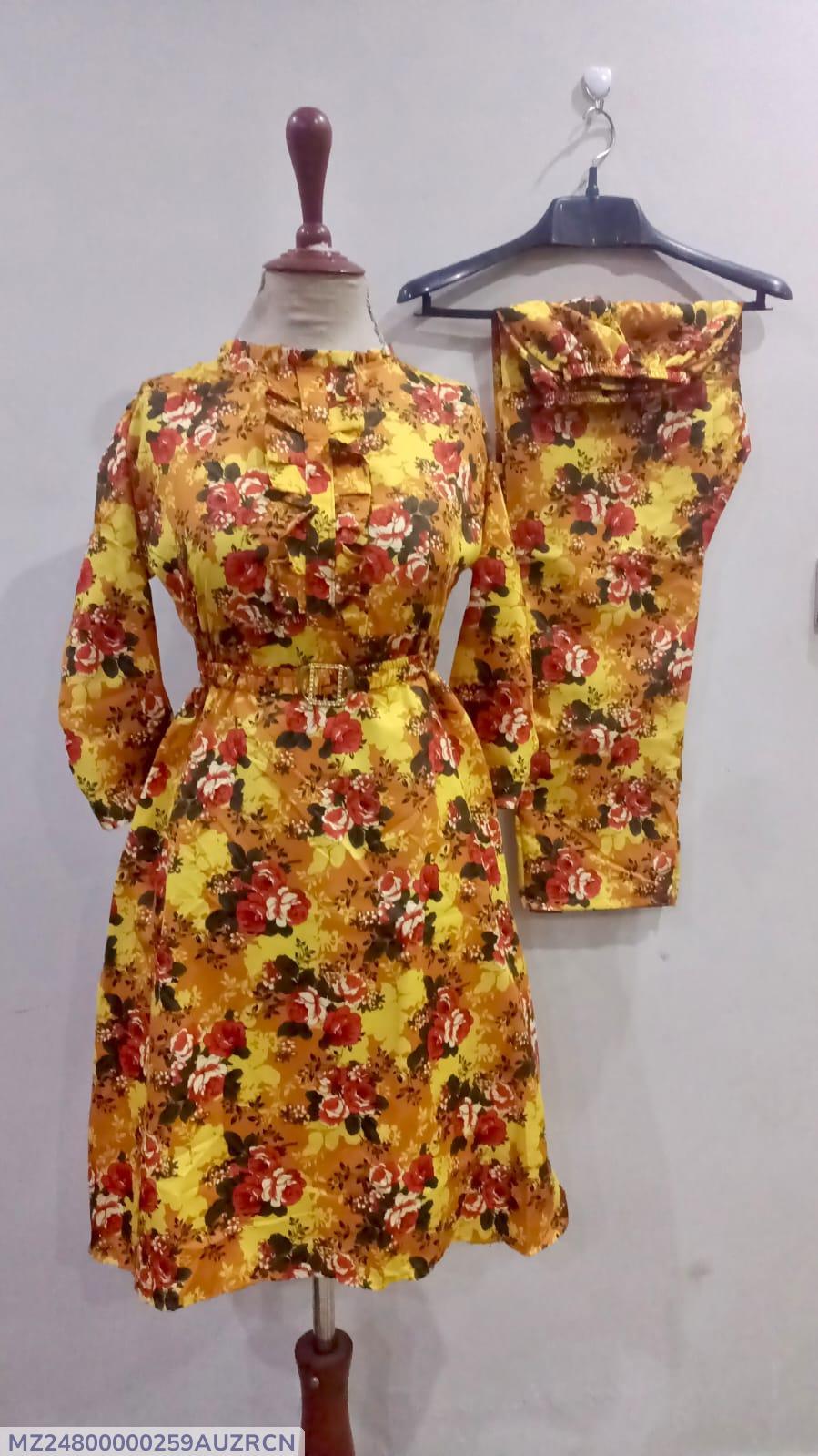 2 Pcs Women's Stitched Printed Frock And Trouser