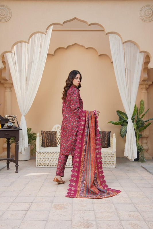 Maroon Embroidered Khaddar Suit - 3 Pcs Featuring Cut Work and Printed Design