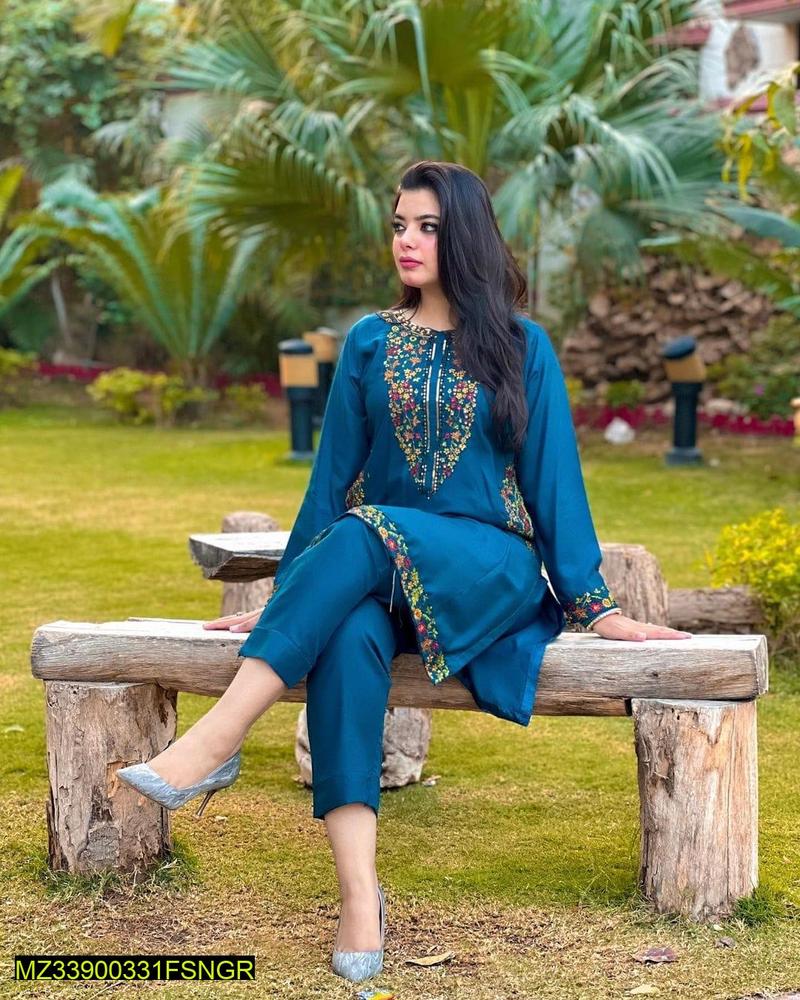 2 Pcs Women's Stitched Linen Embroidered Suit, Blue