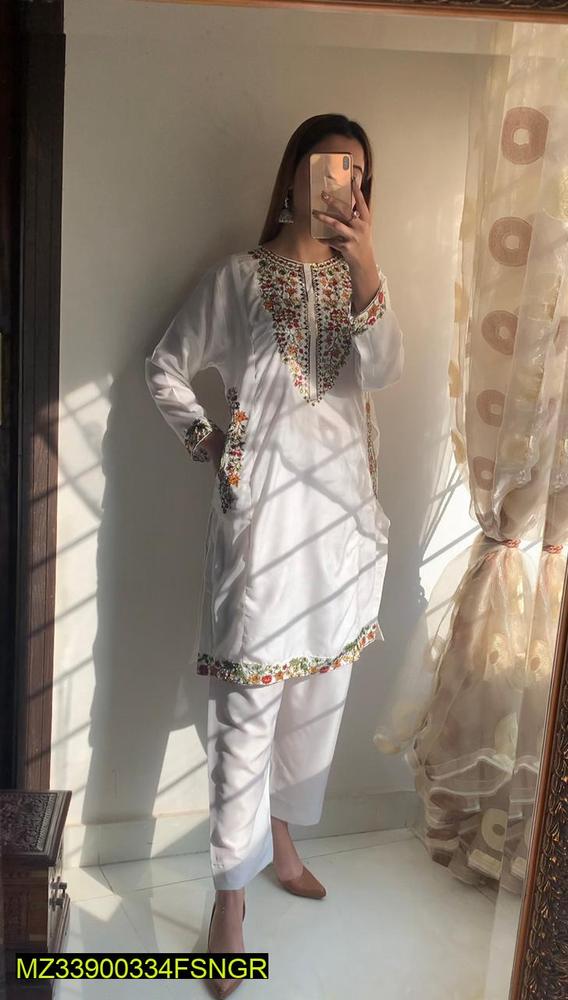 2 Pcs Women's Stitched Linen Embroidered Suit
