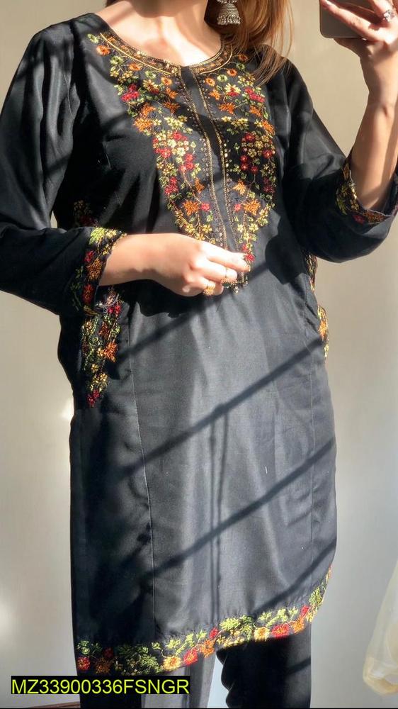 2 Pcs Women's Stitched Linen Embroidered Suit