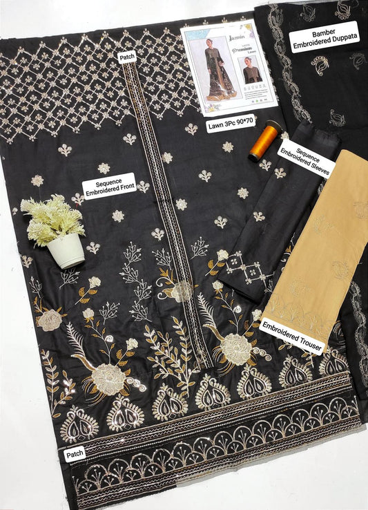 3 Pcs Women's Unstitched Sequins Embroidered Suit