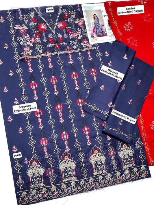 3 Pcs Women's Unstitched Sequins Embroidered Suit