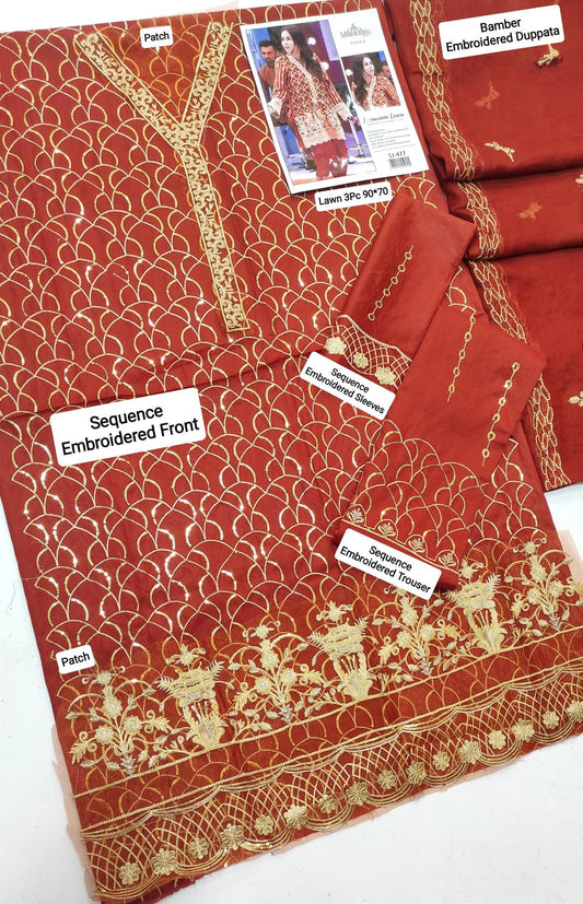 Maria B 3 Pcs Women's Unstitched Sequins Embroidered Suit