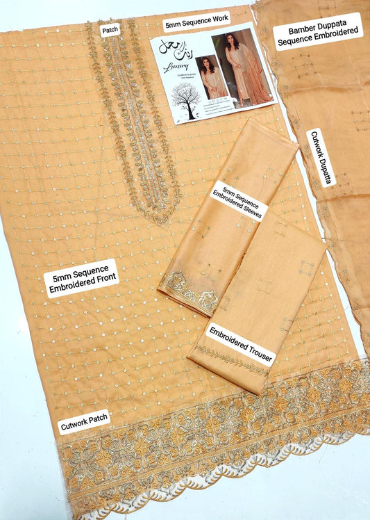 3 Pcs Women's Unstitched Sequins Embroidered Suit