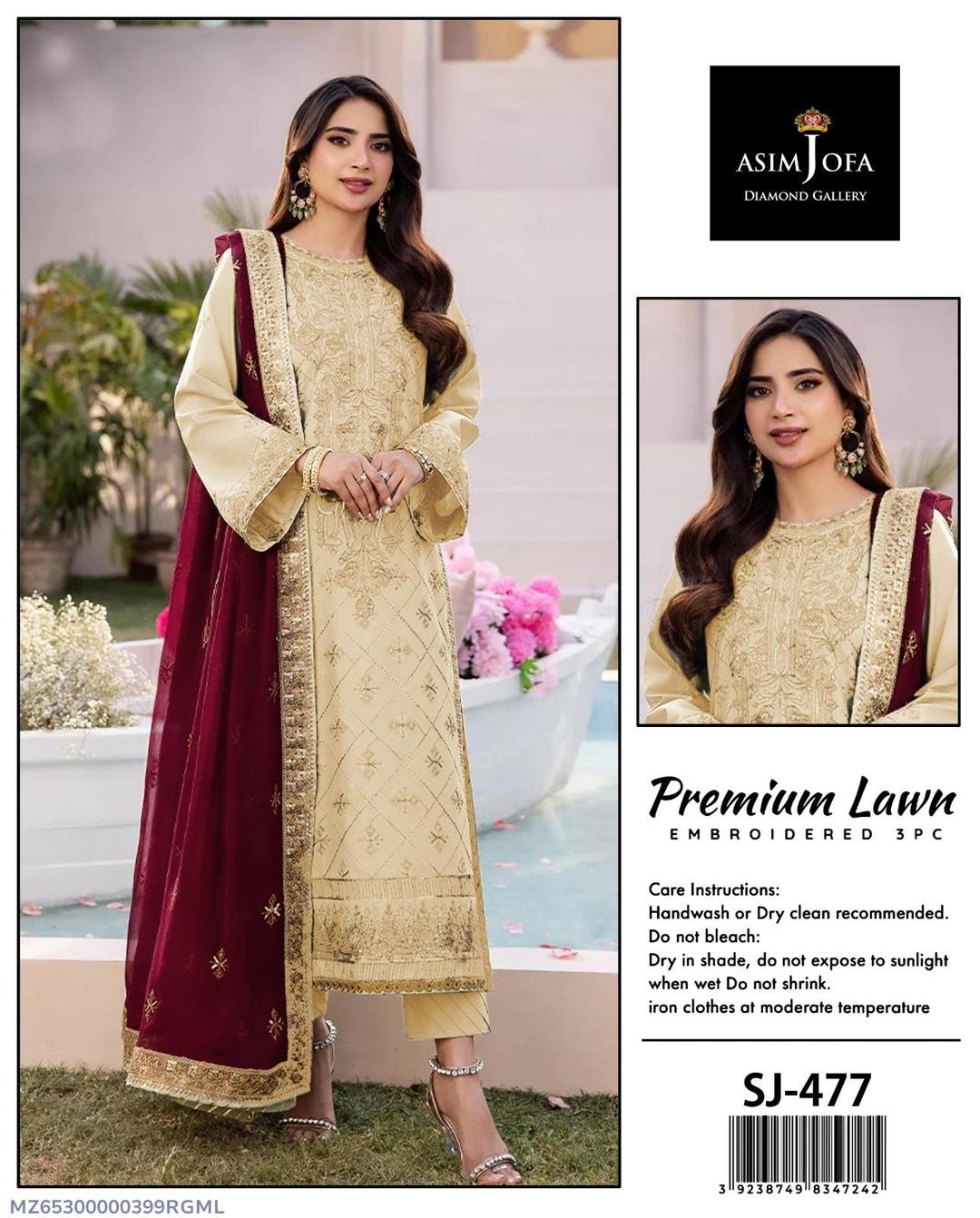 Asim Jofa 3 Pcs Women's Unstitched Embroidered Suit