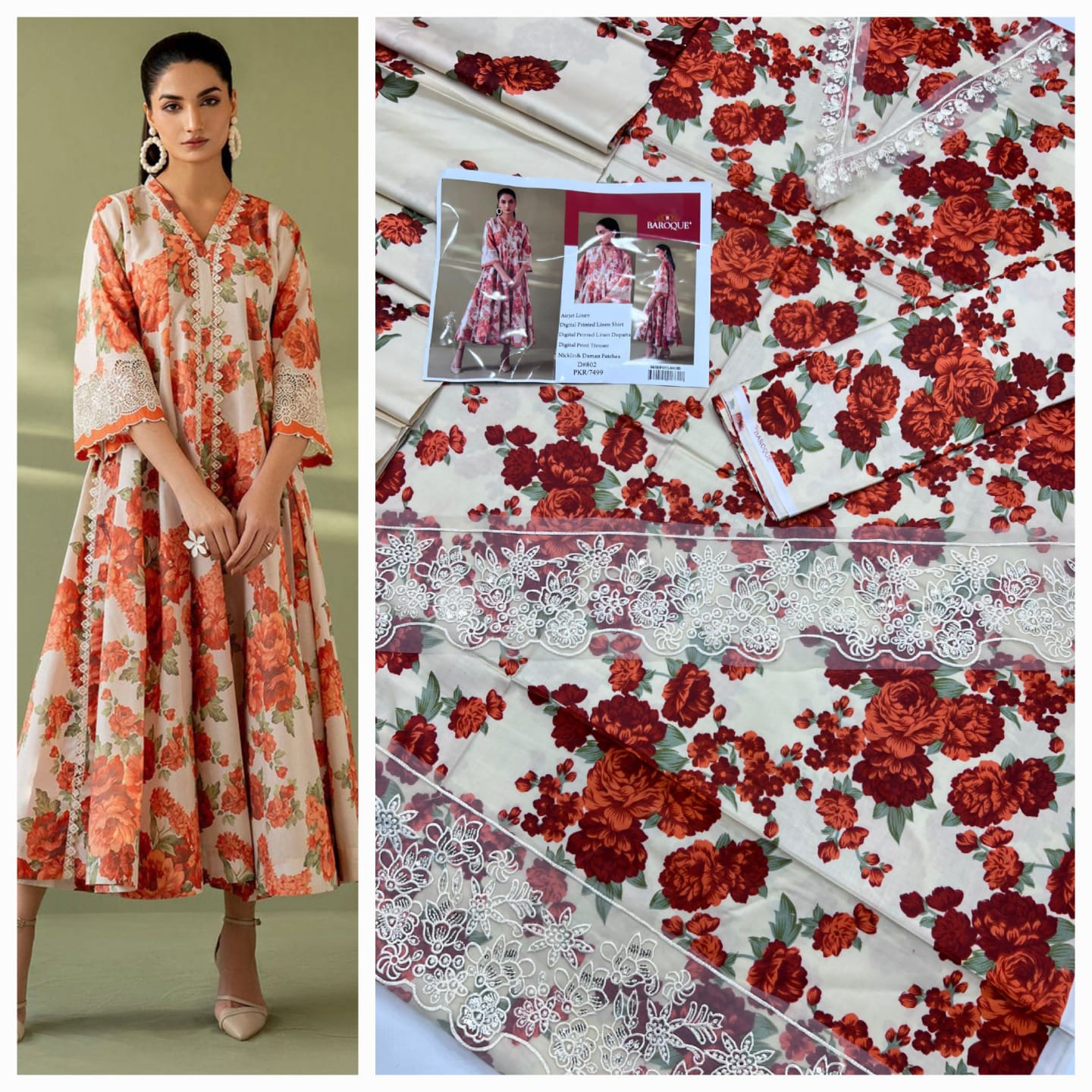Baroque Linen 3 Pcs Suit With Patches
