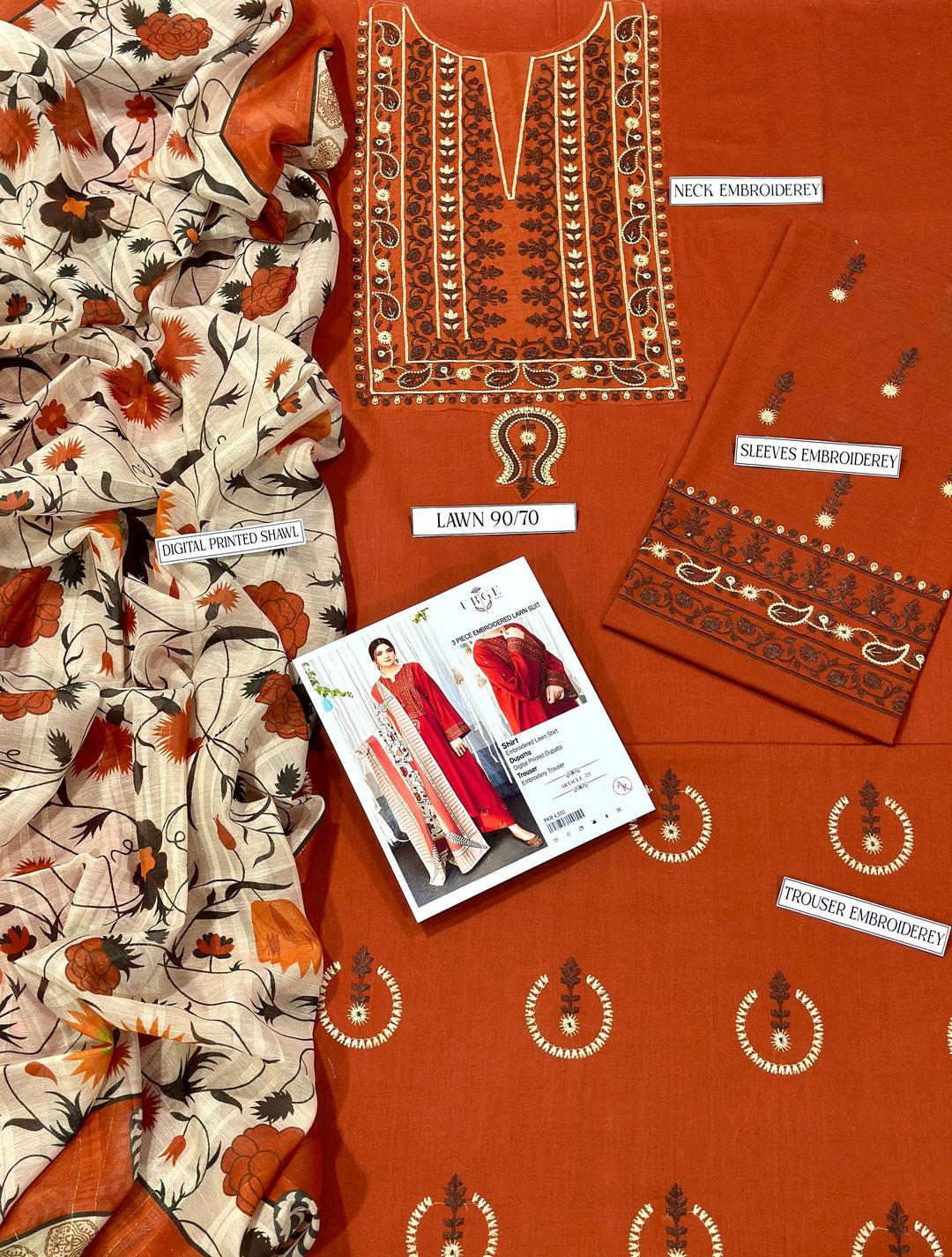 3 Pcs Women's Unstitched Embroidered Suit