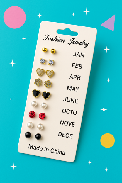 12 Pair Mixed Style Stud Earrings Set For Women – Golden Copper With Micro-paved Cubic Zirconia – Trendy Fashion Jewelry