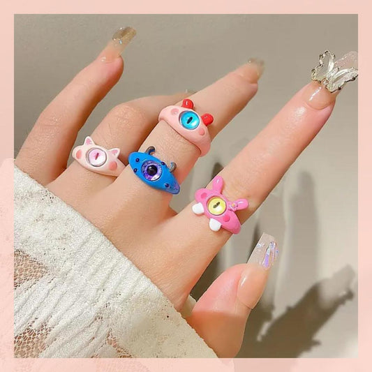 4 Pcs Antique Plated Multicolored Charm Adjustable Rings Set for Women