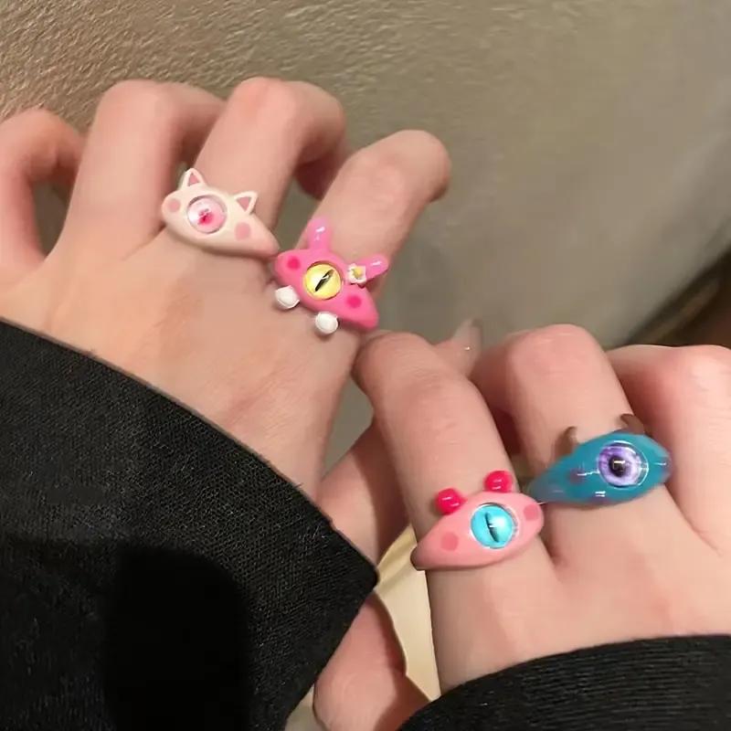 4 Pcs Antique Plated Multicolored Charm Adjustable Rings Set for Women