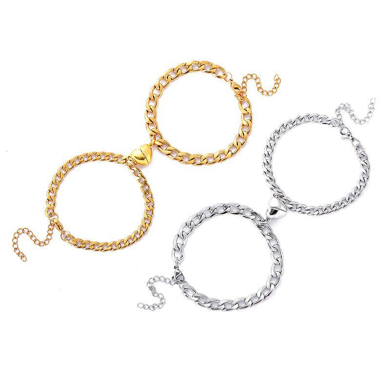 Silver & Gold-Plated Magnet Heart Design Couple's Bracelet- 2 Pcs