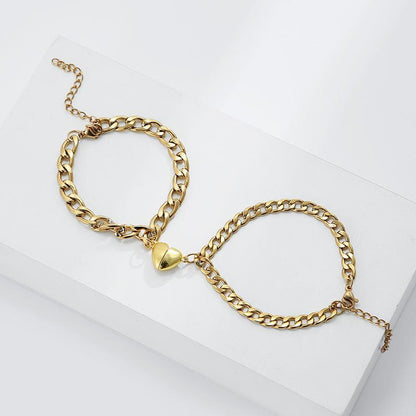 Silver & Gold-Plated Magnet Heart Design Couple's Bracelet- 2 Pcs