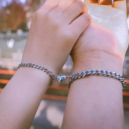 Silver & Gold-Plated Magnet Heart Design Couple's Bracelet- 2 Pcs