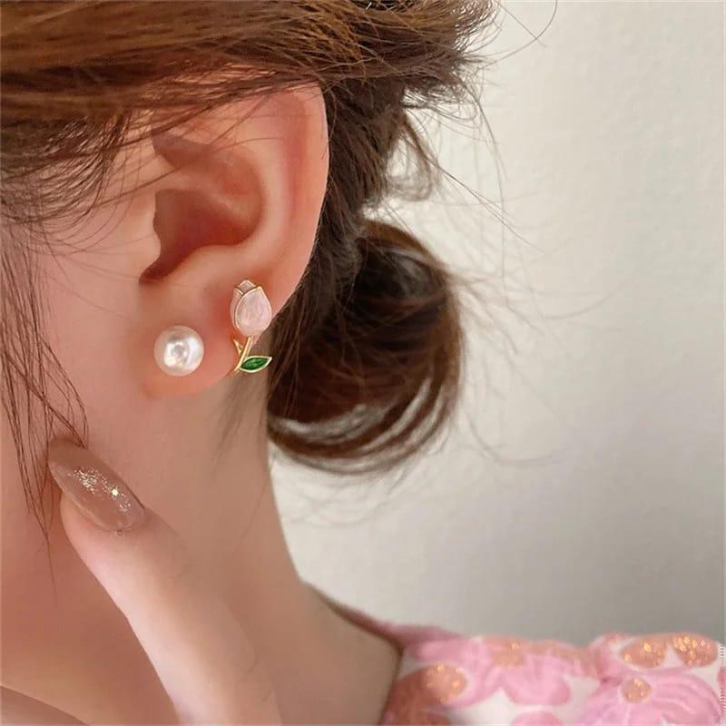 Tulip Peach Flower Design Gold Plated Studs