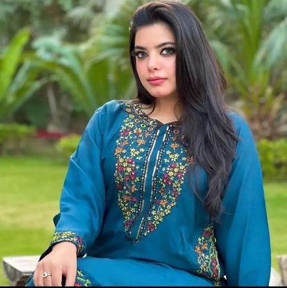 Women's Stitched Embroidered Linen Shirt and Trouser Set - 2 Pcs