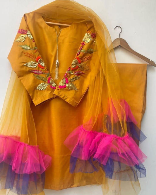 Exquisite Women's Stitched Embroidered Suit - 3 Pcs Set in Mustard Katan Silk