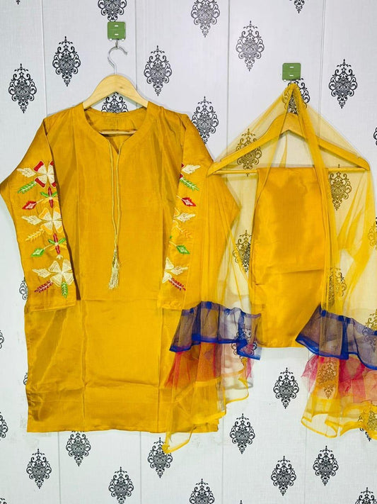 Exquisite Women's Stitched Embroidered Suit - 3 Pcs Set in Mustard Katan Silk