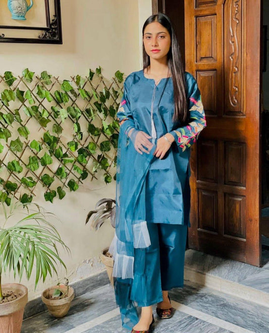 Stunning Blue Women's Stitched Suit - 3 Pcs with Embroidered Katan Silk Shirt & Net Dupatta