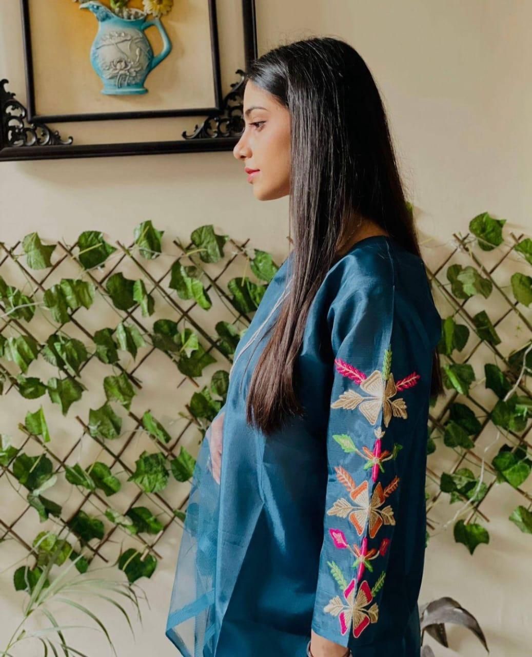 Stunning Blue Women's Stitched Suit - 3 Pcs with Embroidered Katan Silk Shirt & Net Dupatta