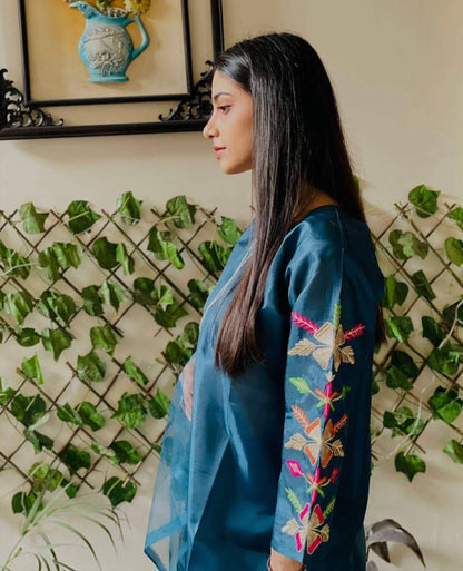 Stunning Blue Women's Stitched Suit - 3 Pcs with Embroidered Katan Silk Shirt & Net Dupatta