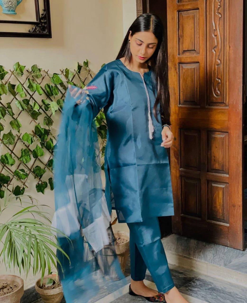 Stunning Blue Women's Stitched Suit - 3 Pcs with Embroidered Katan Silk Shirt & Net Dupatta