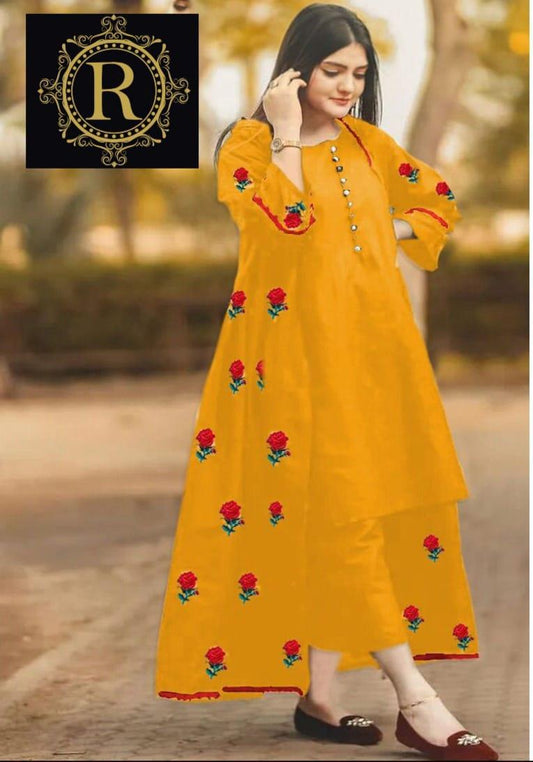 Women's Stitched 3 Pcs Gown Suit in Embroidered Katan Silk - Yellow