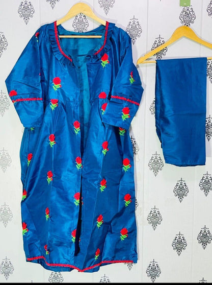 Stunning Embroidered Katan Silk Gown Suit - 3 Pcs Set for Women