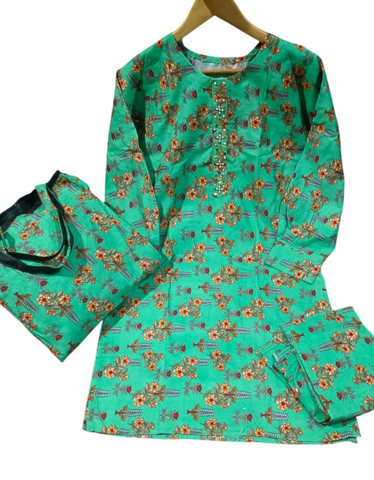 Stylish Women's Stitched Printed Shirt and Trouser Set - 2 Pcs in Turquoise