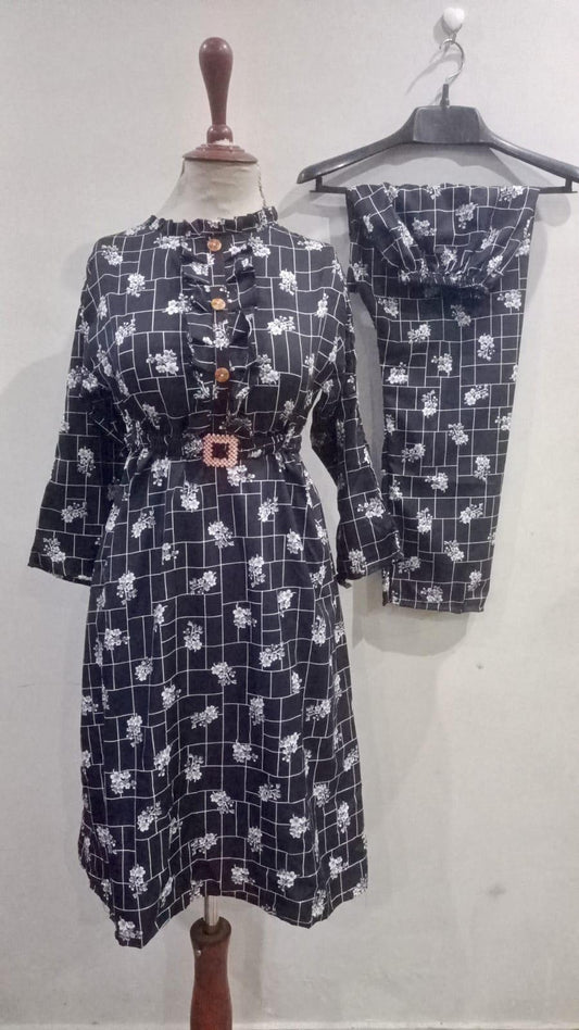 Stylish Printed Frock and Trouser Set - 2 Pcs for Women