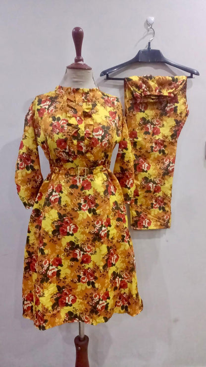 2 Pcs Women's Stitched Printed Frock And Trouser