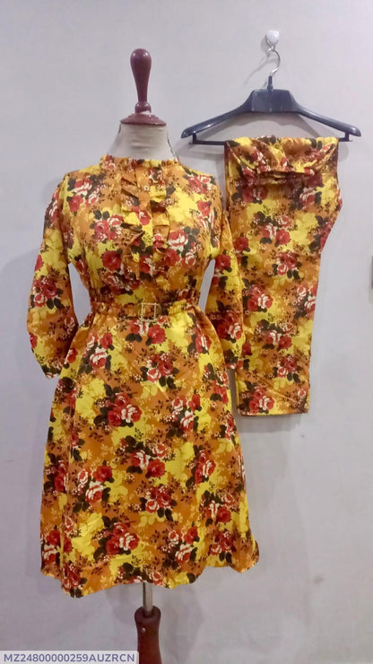 2 Pcs Women's Stitched Printed Frock And Trouser