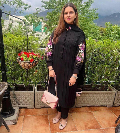 2 Pcs Women's Stitched Linen Embroidered Shirt And Trouser