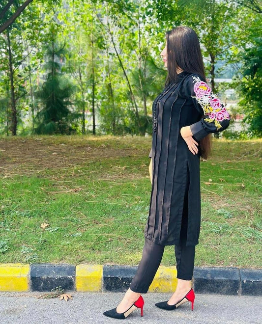 2 Pcs Women's Stitched Linen Embroidered Shirt And Trouser