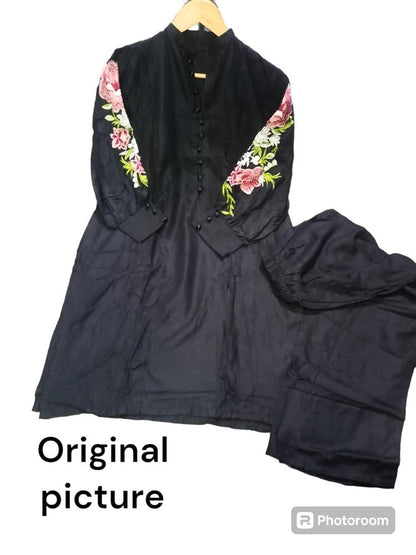 2 Pcs Women's Stitched Linen Embroidered Shirt And Trouser