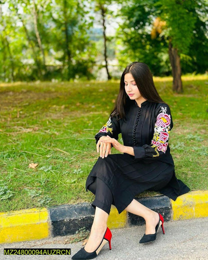 2 Pcs Women's Stitched Linen Embroidered Shirt And Trouser