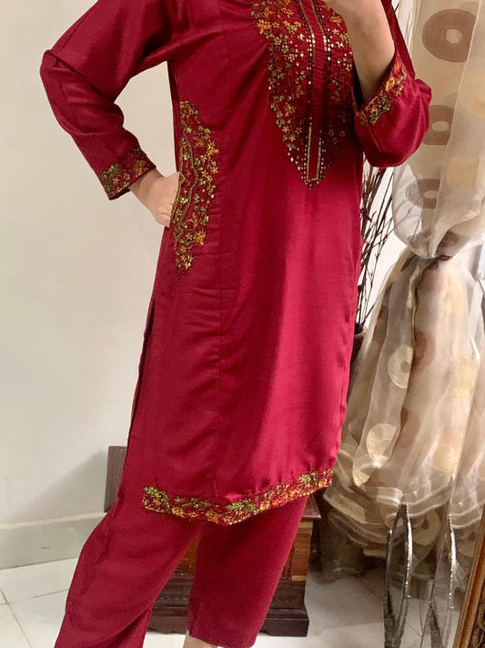 2 Pcs Women's Stitched Linen Embroidered Shirt And Trouser