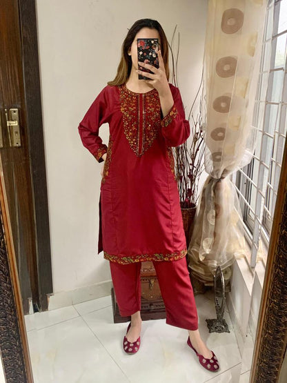 2 Pcs Women's Stitched Linen Embroidered Shirt And Trouser