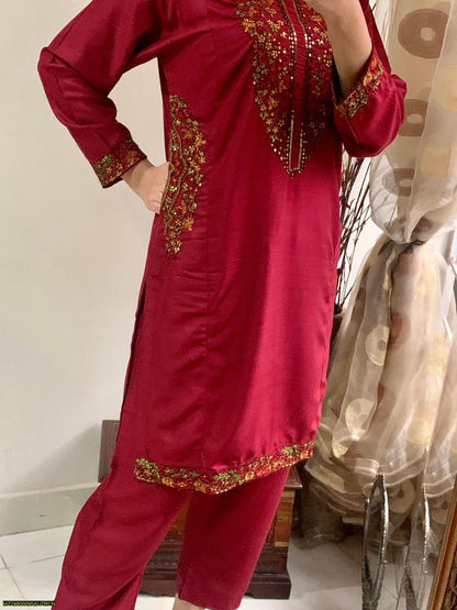 2 Pcs Women's Stitched Linen Embroidered Shirt And Trouser