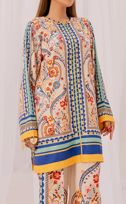 Stylish Printed V-Neck Shirt and Plain Trouser Set - 2 Pcs for Women