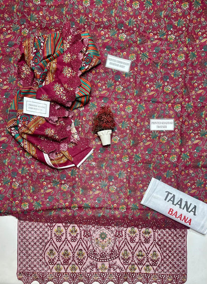 Maroon Embroidered Khaddar Suit - 3 Pcs Featuring Cut Work and Printed Design