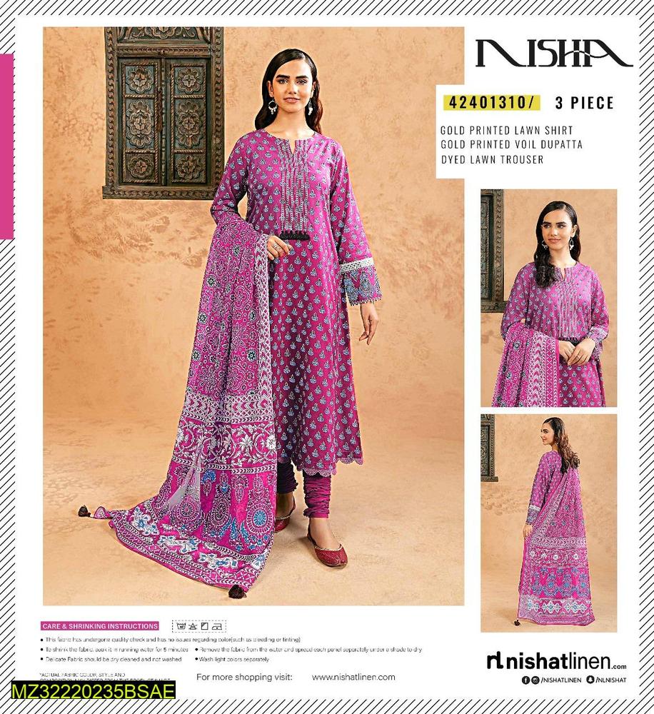 3 Pcs Women's Unstitched Lawn Printed Suit