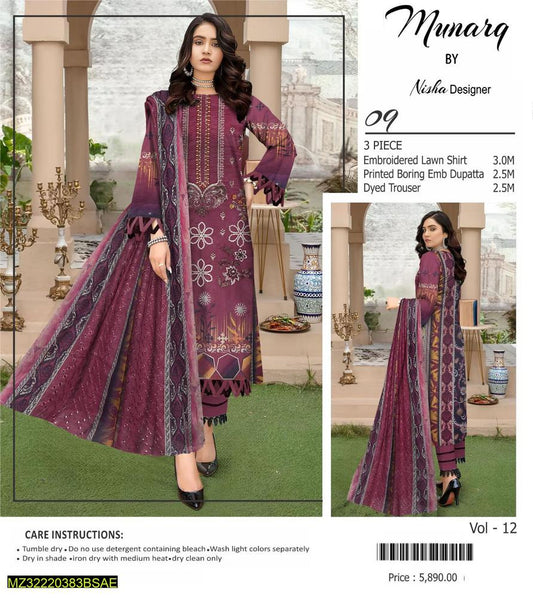 3 Pcs Women's Unstitched Lawn Embroidered Suit