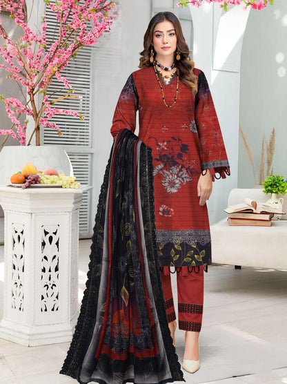 3 Pcs Women's Unstitched Lawn Embroidered Suit
